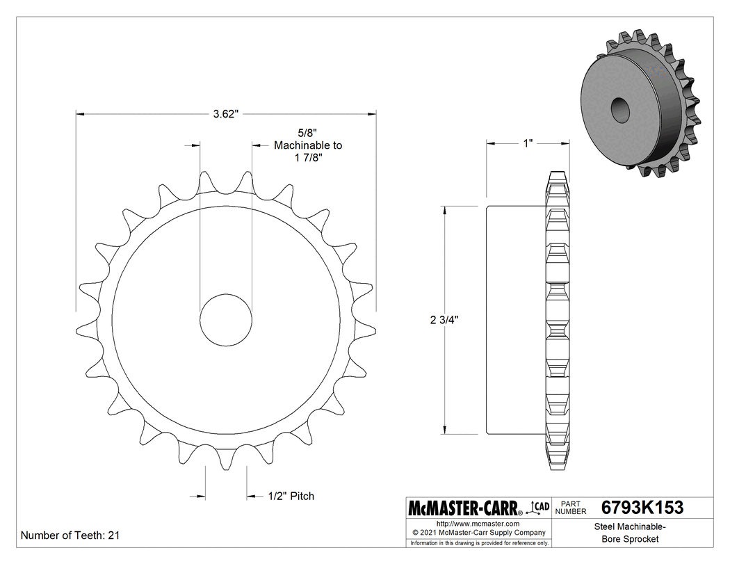 Technical Drawing of Steel Plain Bore Sprocket, for Single-Strand ANSI 40 Roller Chain, 21 Teeth.